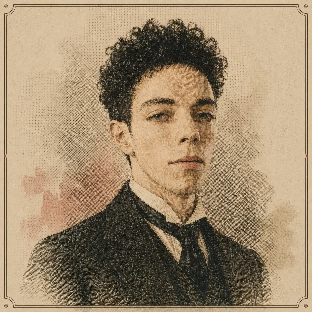 Engraved portrait of Joaquín Godoy, curly-haired young engineer in a dark coat and cravat, 1901 style